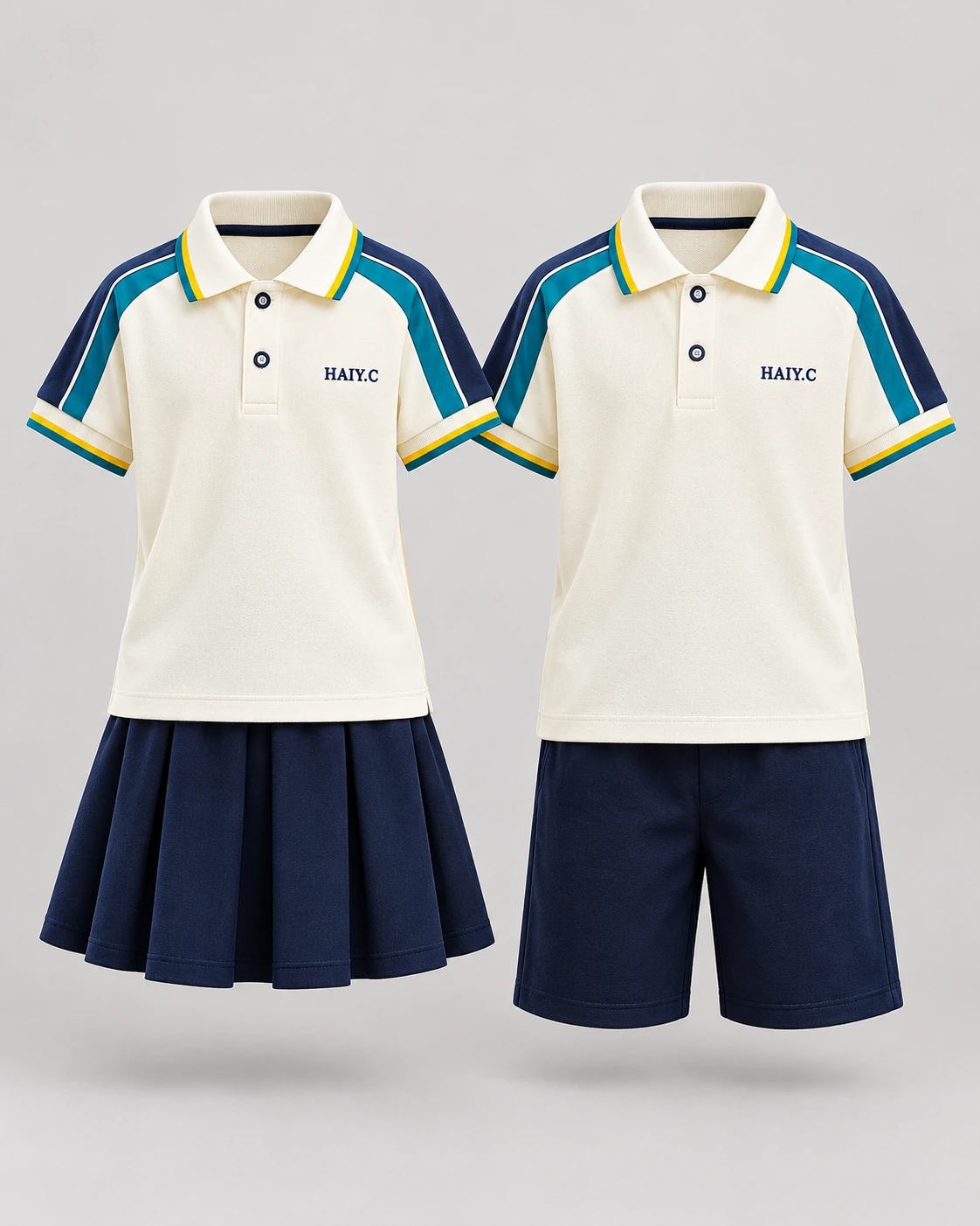 Uniforme escolar creme e azul-marinho em versão masculina e feminina